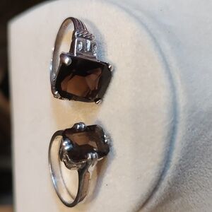 Vintage Set Of Two Smoky Quartz Cushion Cut Rings Silver Plated